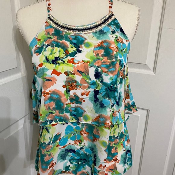 S IZ Byer Floral Summer Top w Beaded Neckline and Double Ruffle Bodice - Picture 1 of 8
